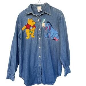 Vintage Disney Denim Shirt Womens Medium Winnie the Pooh Eeyore Embroidered 90s